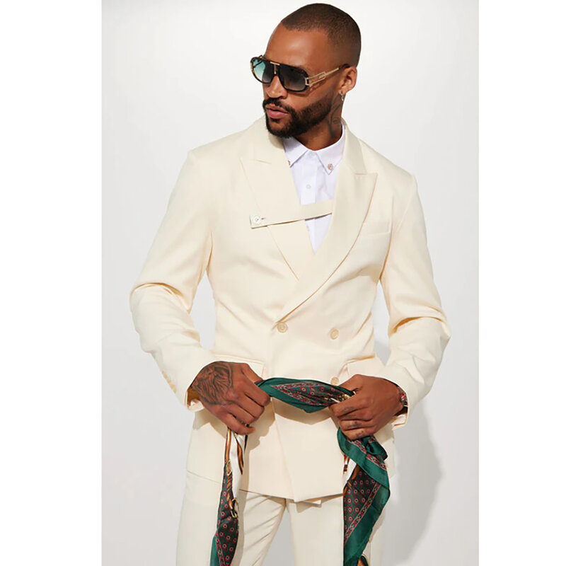 Fatos masculinos trespassado personalizados, lapela de pico, cor sólida, roupas formais de negócios, jaqueta de casamento elegante, conjunto completo, 2 peças