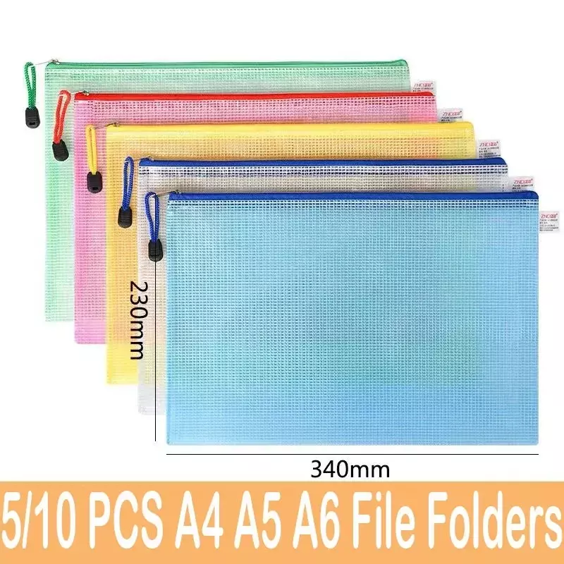 Carpeta de almacenamiento de papelería, bolsa de malla con cremallera para documentos A4, A5, A6, suministros escolares y de oficina, 5/10 piezas