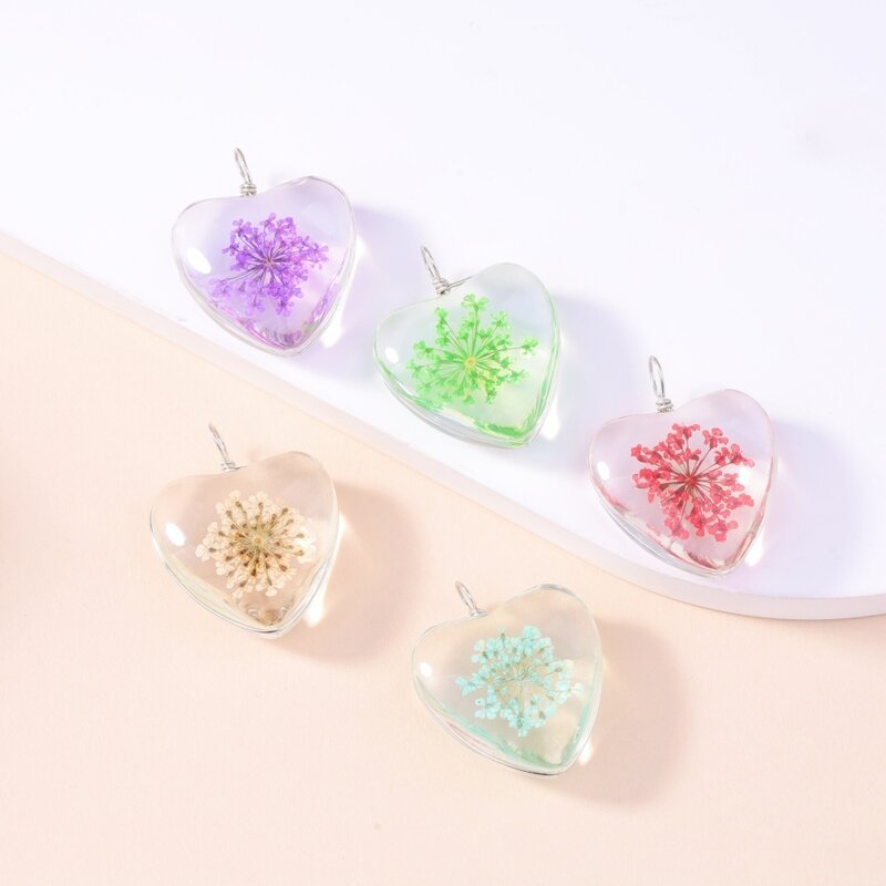5PcsNatural Dried Flower Tree Pendant  Women Men Transparent Resin Glass Ball Dry Flower  Heart Necklaces Girl Jewelry Gift