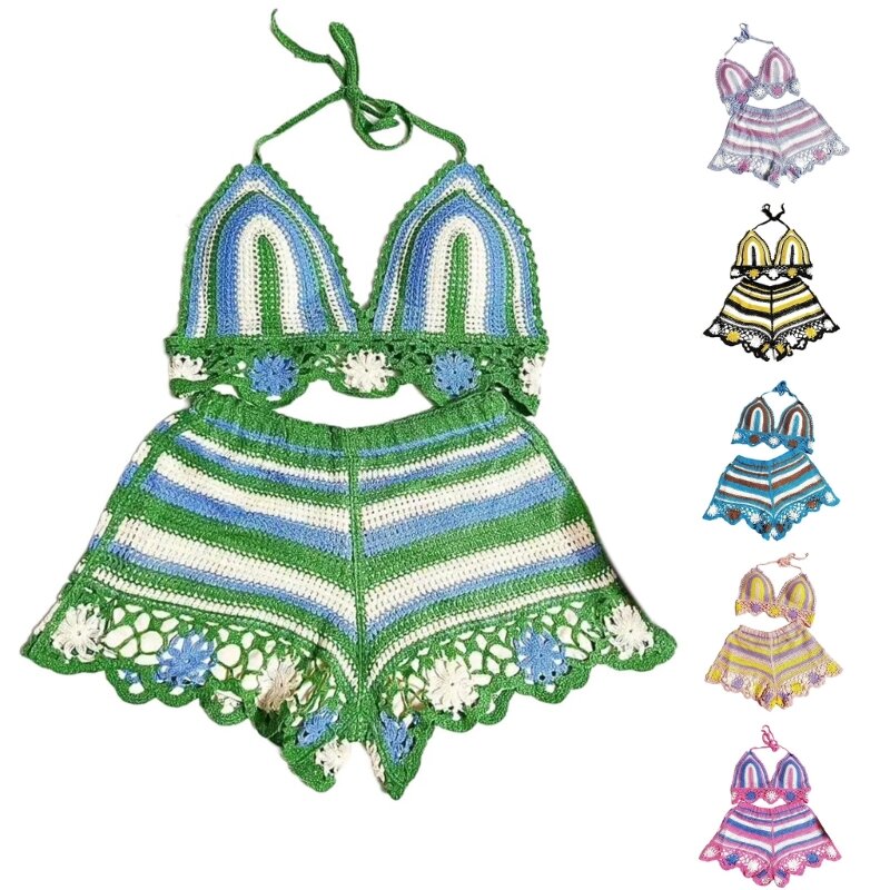 Beach Set Knitted Top and Embroidered Shorts Two Piece Knitted Set Summer Holiday Beach Outfit for Women Girls