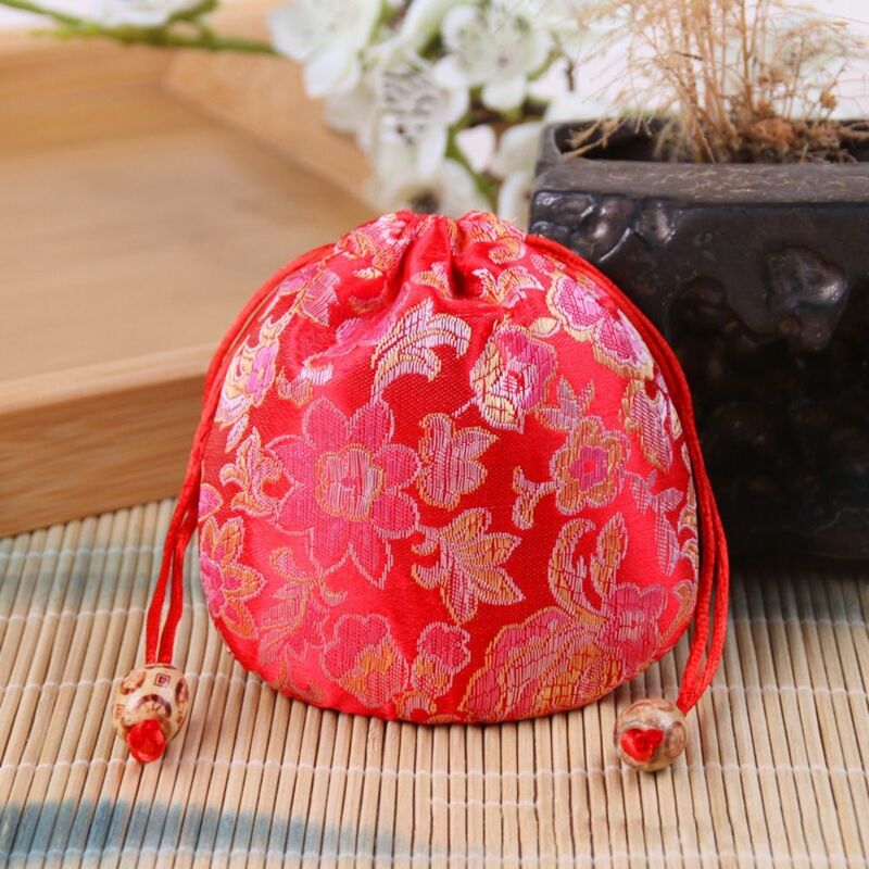 Borsa con coulisse fiore ricamo floreale borsa a secchiello in tela stile cinese con perline borsa a secchiello borsa zucchero festivo di grande capacità