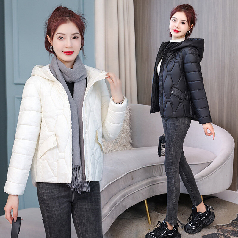 Casaco curto e leve com capuz acolchoado de algodão feminino, casaco quente que tudo mistura, novo estilo coreano, 2024