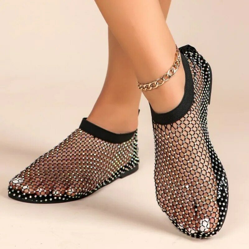 Mocasines planos de malla de cristal para mujer, zapatos informales para caminar, botas de vestir de boca baja, sandalias geniales, 2024