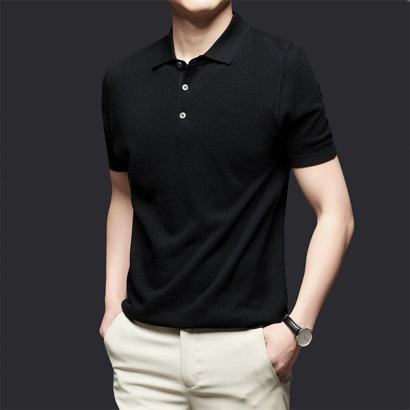 Summer High-End Business Non-Ironing Lapel T-shirt Young Middle-Aged Men Mulberry Silk Cool Solid Color Short Sleeve Polo Shirt