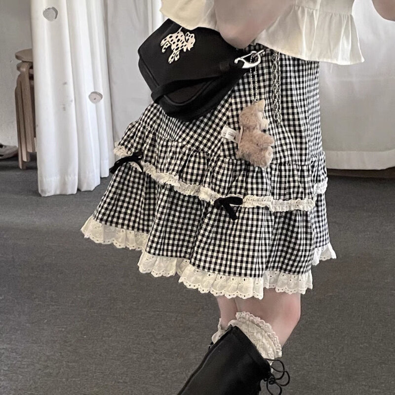Deeptown Kawaii kotak-kotak rok pendek wanita Lolita Ruffle gaya Jepang renda busur rok Mini potongan manis lipit rok Preppy