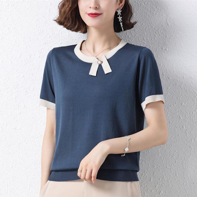 Mode O-Ausschnitt gespleißt All-Match Perlen Bluse Damen bekleidung Sommer neue lose lässige Pullover Tops asymmetrisches Hemd