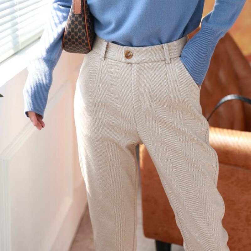 Брюки-карандаш женские шерстяные, повседневные офисные брюки с завышенной талией, офисная одежда, брюки в Корейском стиле, Осень-зима