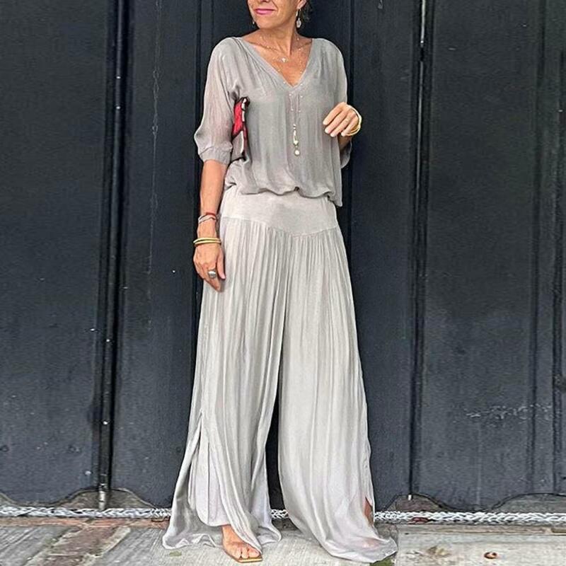 Loose Top Pants Set Elegant V Neck Pleated Top Wide Leg Pants Set for Women Soft Comfortable Outfit with Bat Sleeves High