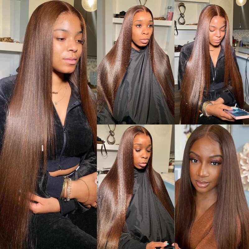 13x4 Chocolate Brown Straight Lace Front Wig HD Transparent Lace Frontal Wig Human Hair Preplucked Colored Human Hair Wigs Remy