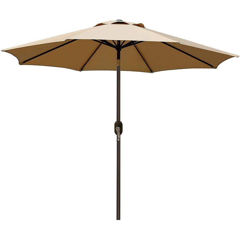 야외 파티오 테이블 우산, 마당 우산, 시장 우산, 8 개의 튼튼한 갈비뼈, 푸시 단추 틸트 및 크랭크, 황갈색, 9 인치