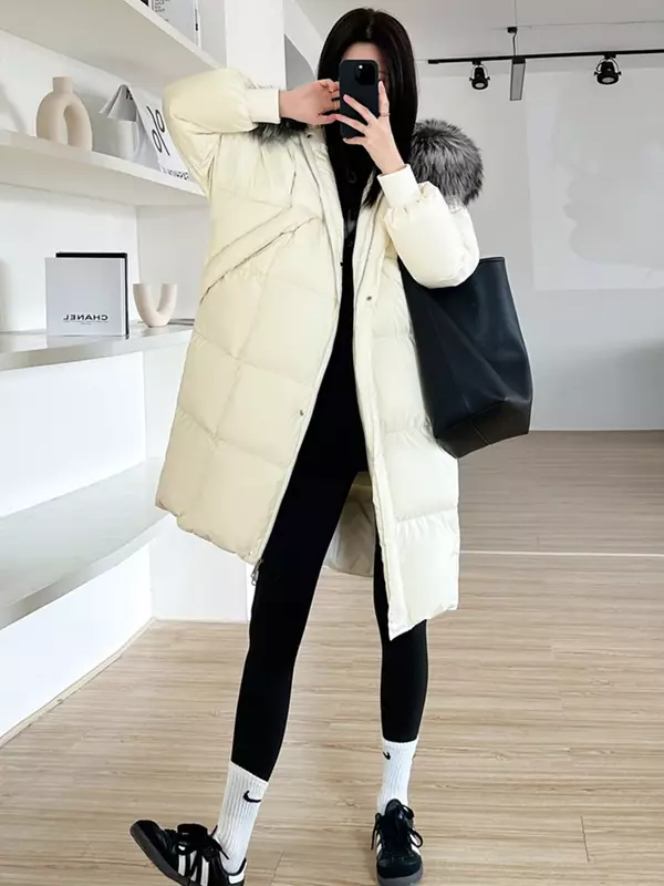 女性用の白いグースダウンジャケット,本物の天然キツネの毛皮の襟,厚くて長いコート,アウターウェア,都会のストリートウェア,暖かいジャケット,新しい冬