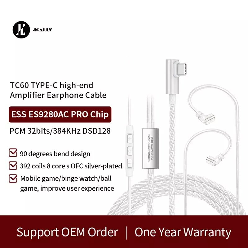 JCALLY TC60 OFC Silver Plated ES9280AC PRO Type C High-End Amplifier Earphone Upgrade Cable QDC Pin for AS16 PRO ZAT With Mic