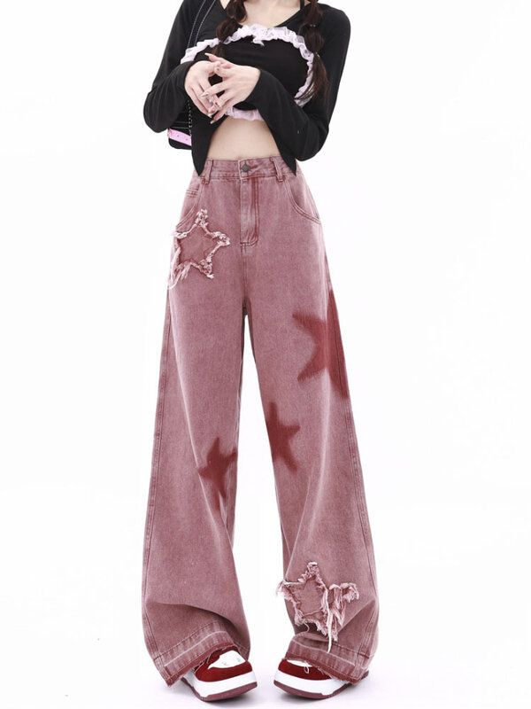 Американские Джинсы в стиле ретро, свободные широкие джинсы с пятиконечными звездами и необработанными краями, женские тонкие трендовые универсальные брюки для женщин