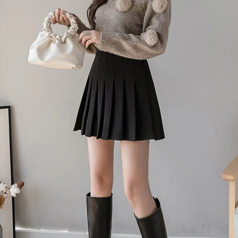 Women's New A-line Skirt High Waist Autumn Winter College Style Tweed Pleated Umbrella Skirt 2024