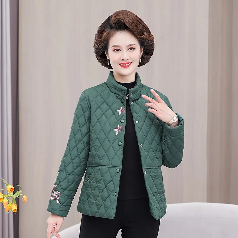 Autumn Ultra Light Women Winter Coat Middle aged Embroidery Down Cotton Jacket Casual Short Coat Winter Thin Diamond Outwear
