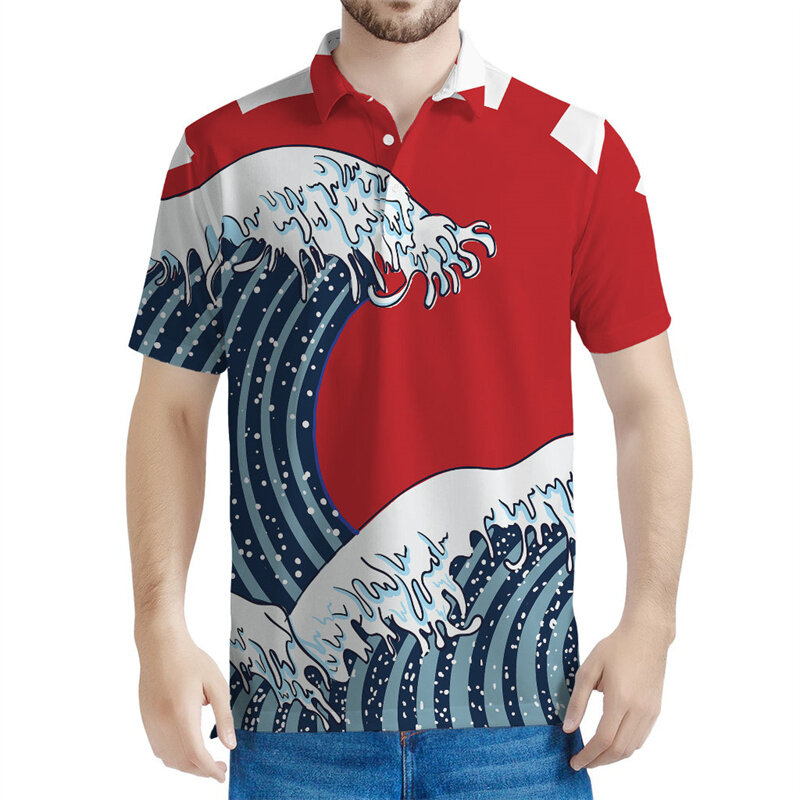Japanese Painting Wave Graphic Polo Shirt Men 3d Printing Ocean Tee Shirts Casual Button T-shirt Street Lapel Short Sleeves