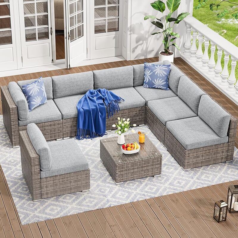 Mobília do pátio ao ar livre Set, sofá secional, PE Rattan, Wicker Conversation Set, sofá exterior com mesa e almofadas, 8 pcs