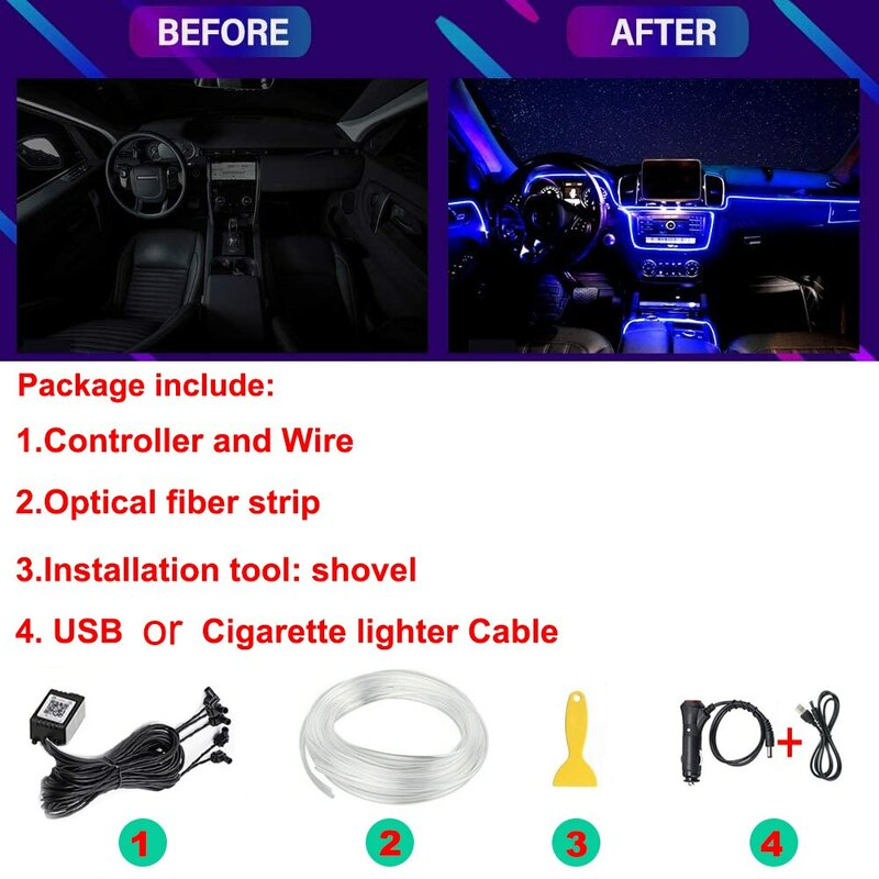 ネオンカーledインテリアライトrgbアンビエントライト光ファイバーキットアプリ付きワイヤレス制御led自動車雰囲気装飾ランプ