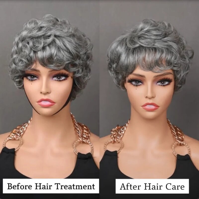Parrucche grigie corte Pixie Cut parrucche naturali dei capelli umani con frangia colore brasiliano #51 parrucche Glueless grigie parrucche ricci Pixie Cut