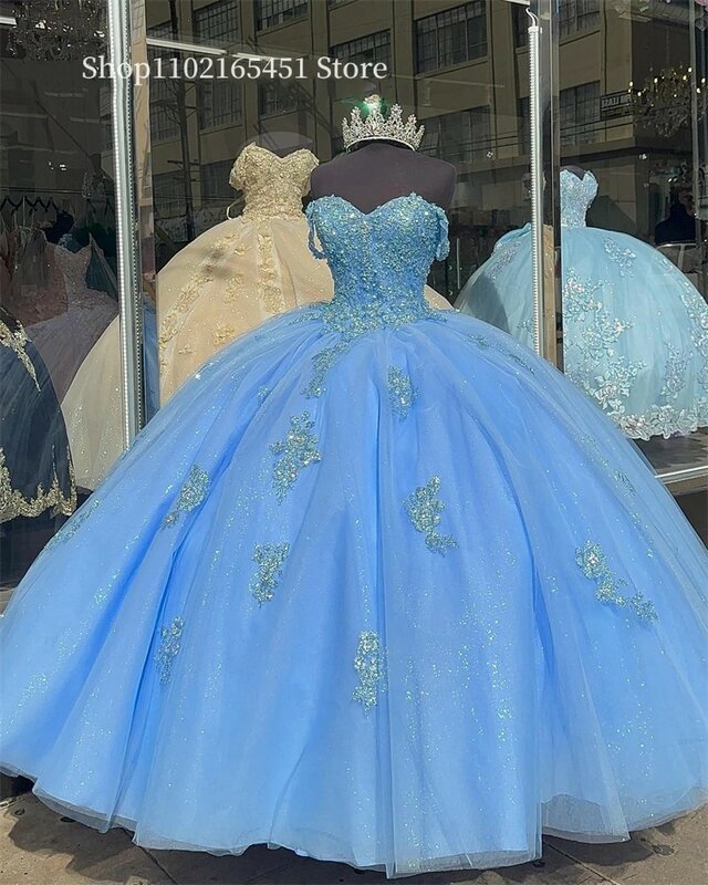 Sky Blue Quinceanera Dresses Off the Shouled Princess Party Dress with Beaded Appliques Lace Sweet 15 Girl Birthday Ball Gowns