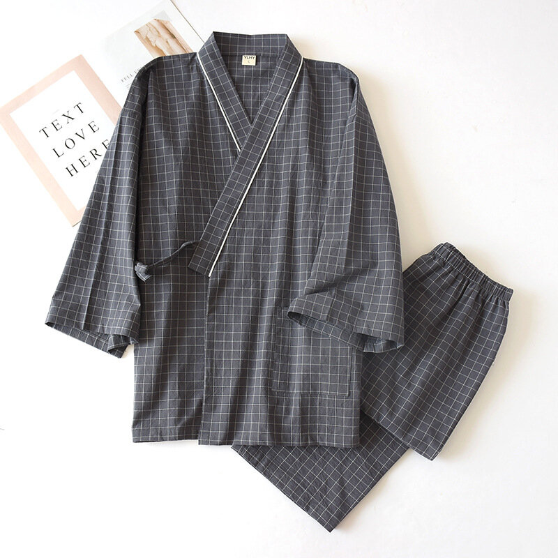 Japanese-style kimono, cotton gauze, spring and autumn men's plaid nightgown two-piece home service yukata lace-up pajama set