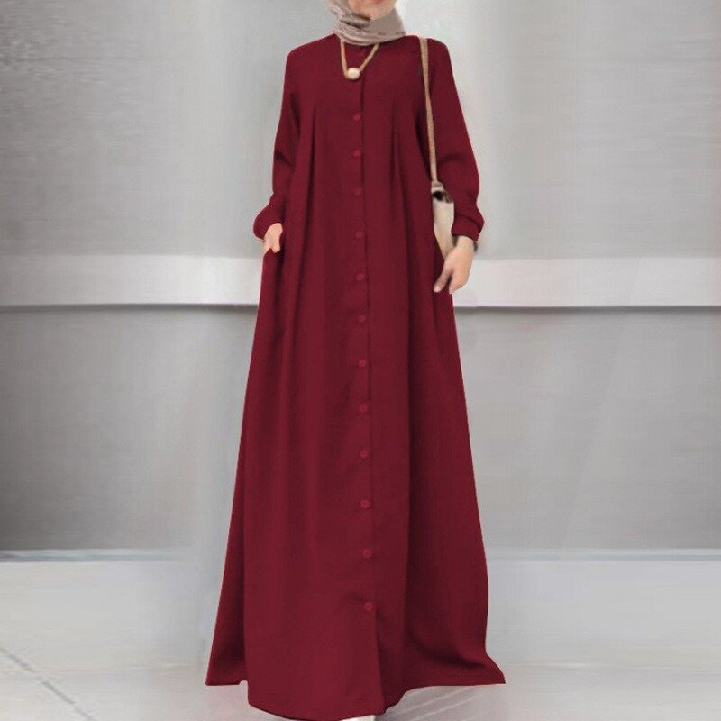 Womens Moslim Abaya Dubai Knopen Lange Mouw Tuniek Maxi Shirt Jurk Y 2K Ins Kleding