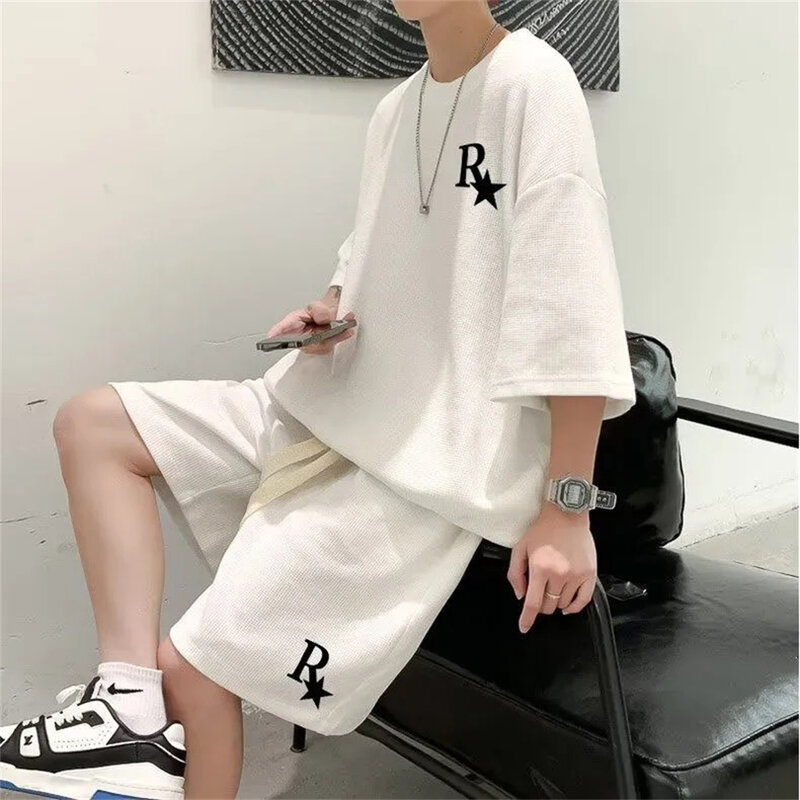 Übergroße japanische koreanische Mode College Waffel Set Männer Jungen Sommer lässig lose Kurzarm T-Shirt Shorts Sport zweiteilig Set