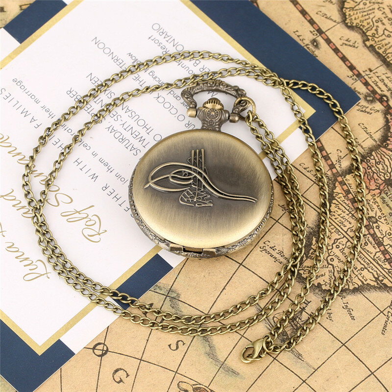 Reloj de bolsillo de cuarzo y bronce con diseño de instrumento Musical tallado antiguo para hombres y mujeres, reloj cazador completo con cadena de collar de recuerdo