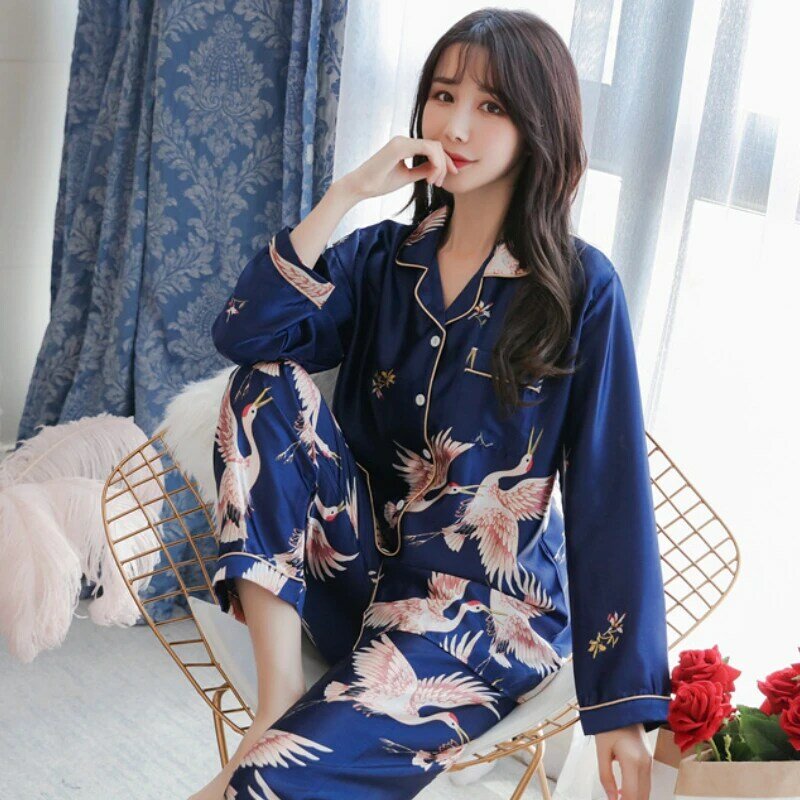 S-5XL oversize Womens Pajama Sets Imitation Silk Women Long Sleeve Trousers Pyjamas Silk satin Pajamas Sleepwear Sleepshirts