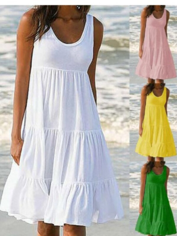 Свободное пляжное платье с оборками и круглым вырезом, без рукавов