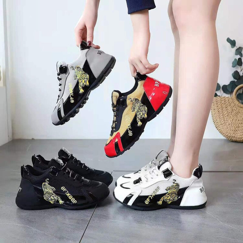 Женские кроссовки с тигровой вышивкой, дышащие, низкие, на шнуровке, спортивная обувь, сочетающиеся цвета