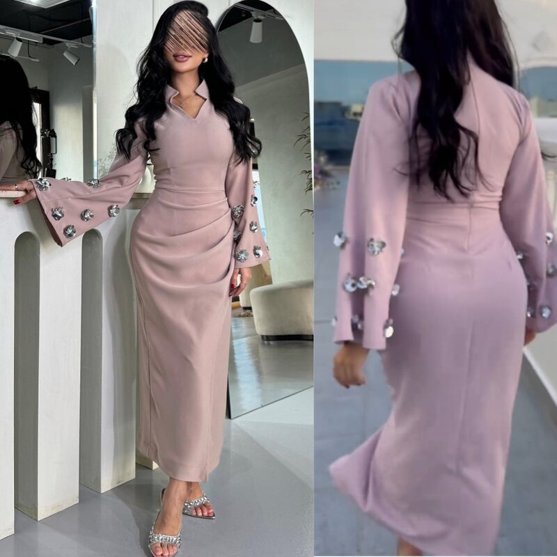 Prom Dress Evening Jersey Applique Pleat Formal  Sheath V-neck Bespoke Occasion Gown Midi Dresses Saudi Arabia