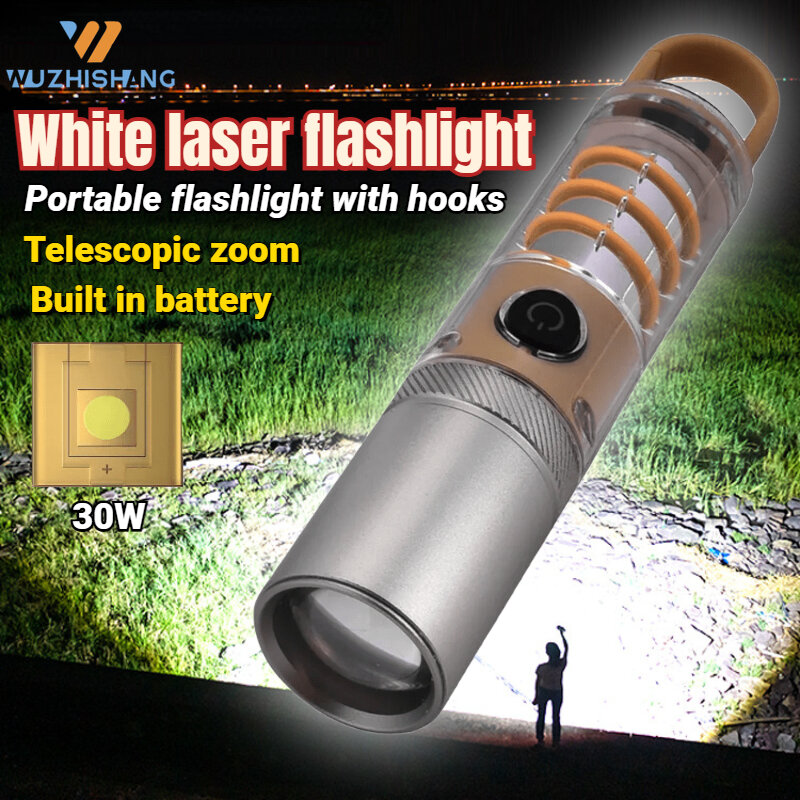 FLSTAR-Lanterna LED Super Brilhante, Tocha com Zoom Telescópico, Bateria Embutida, Lanterna Recarregável, Acampamento ao Ar Livre, 30W, Tipo-C