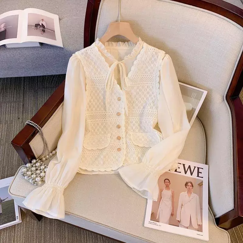DAYIFUN-Valse tweedelige blouses sets dames casual tops elegant liefdevol met O-hals, effen overhemd met veter Lady herfst 2024