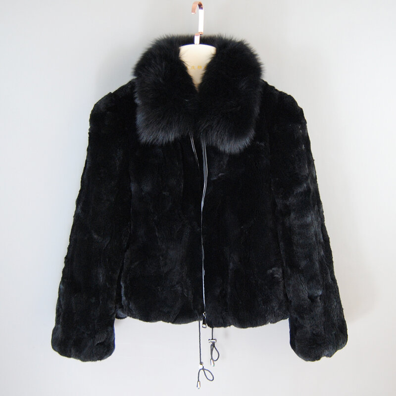 Abrigo de piel de conejo Rex 100% Natural para mujer, chaqueta gruesa y cálida con cuello de piel de zorro de calidad, moda de invierno, novedad