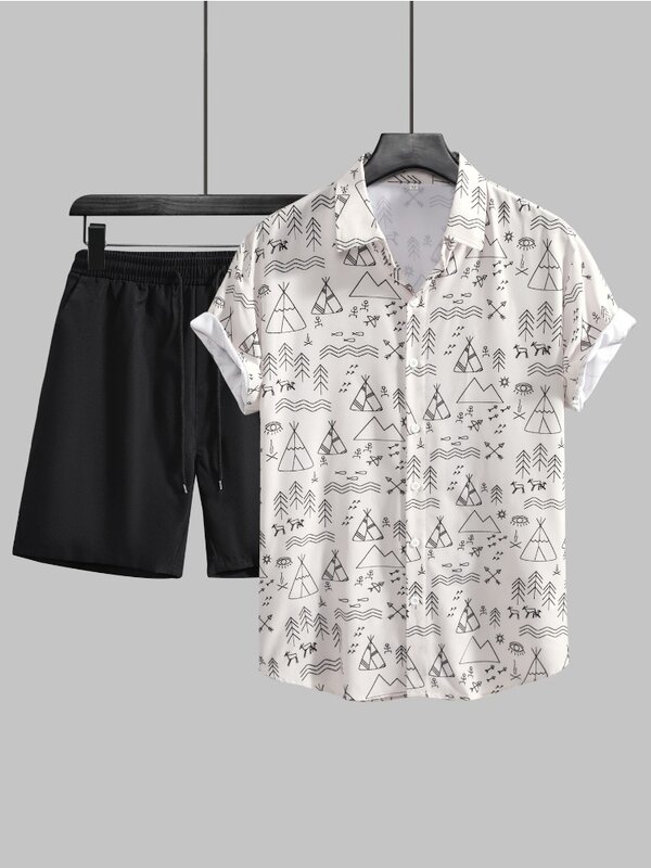 Conjuntos de 2 peças com padrão de figura geométrica, mangas curtas, colarinho elegante, camisa confortável, casual diário, verão