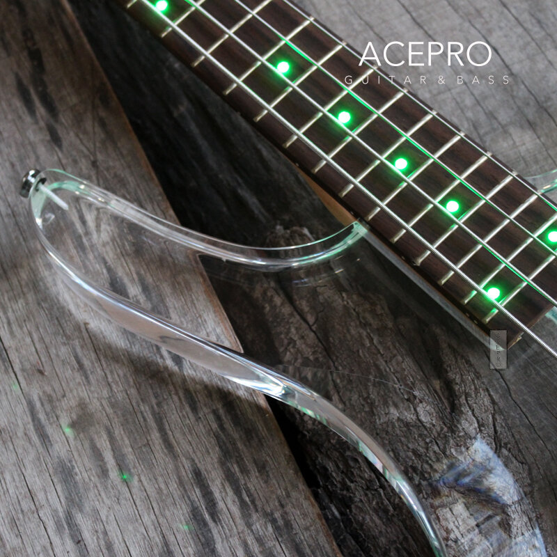 Basso elettrico con luci a LED verdi a 4 corde, corpo in cristallo acrilico trasparente, collo in acero, spedizione gratuita