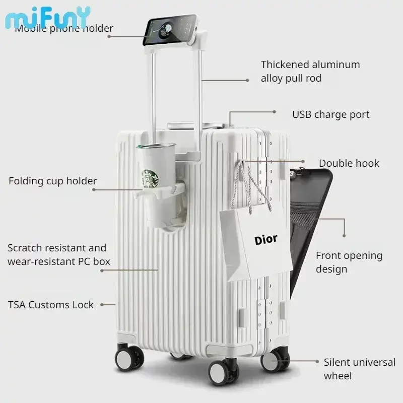 MiFuny Rolling Luggage Large Capacity Trolley Case Business Travel Suitcase Front Open Boarding Box on wheels With USB Code Case