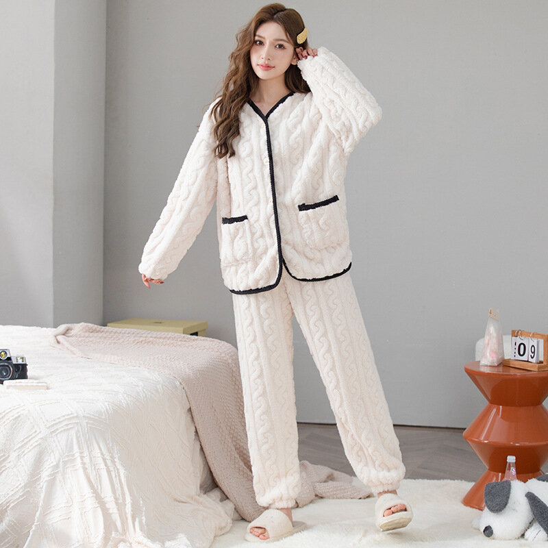 Зимний теплый фланелевый пижамный комплект, женские пижамные комплекты, бархатная Пижама, брюки с длинным рукавом, милая мягкая домашняя одежда для женщин, Свободная Домашняя одежда