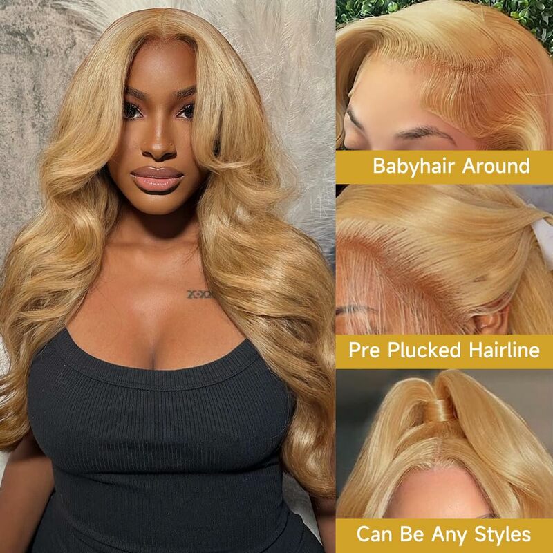 Honey Blonde renda Wig depan rambut manusia gelombang tubuh Wig HD transparan renda Air gelombang Wig rambut manusia dengan rambut bayi untuk wanita