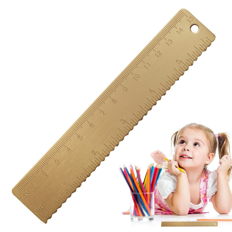 金属鋸歯状のストレート定規、厚さの測定ツール、ゴールド真ちゅう、数学定規、ヴィンテージブックマーク、15cm