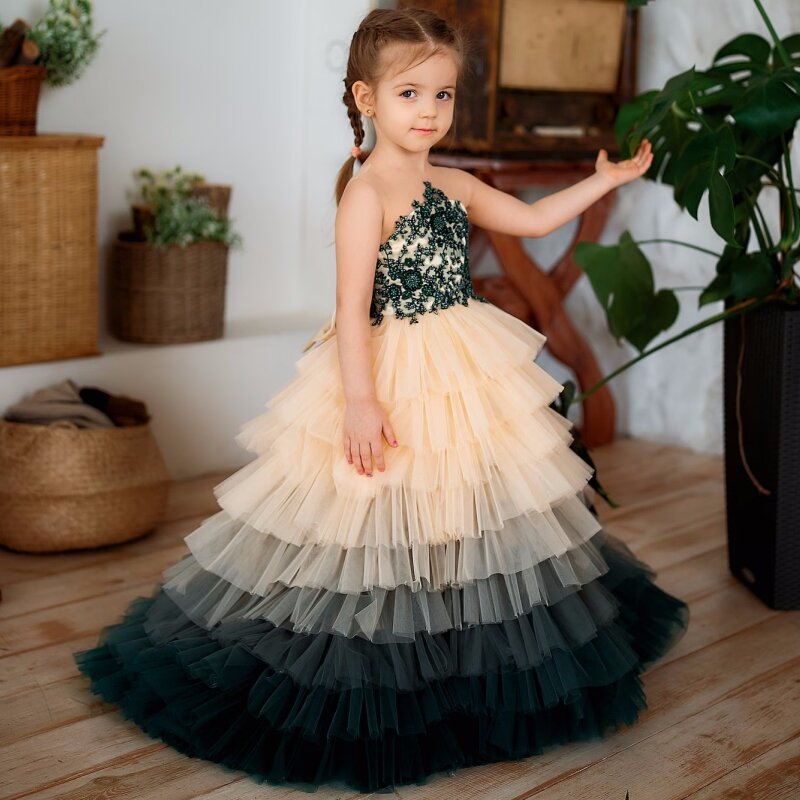Flower Girl Dresses Champagne Navy Blue Tulle Tiered With Bow Sleeveless For Wedding Birthday Party Princess Gowns