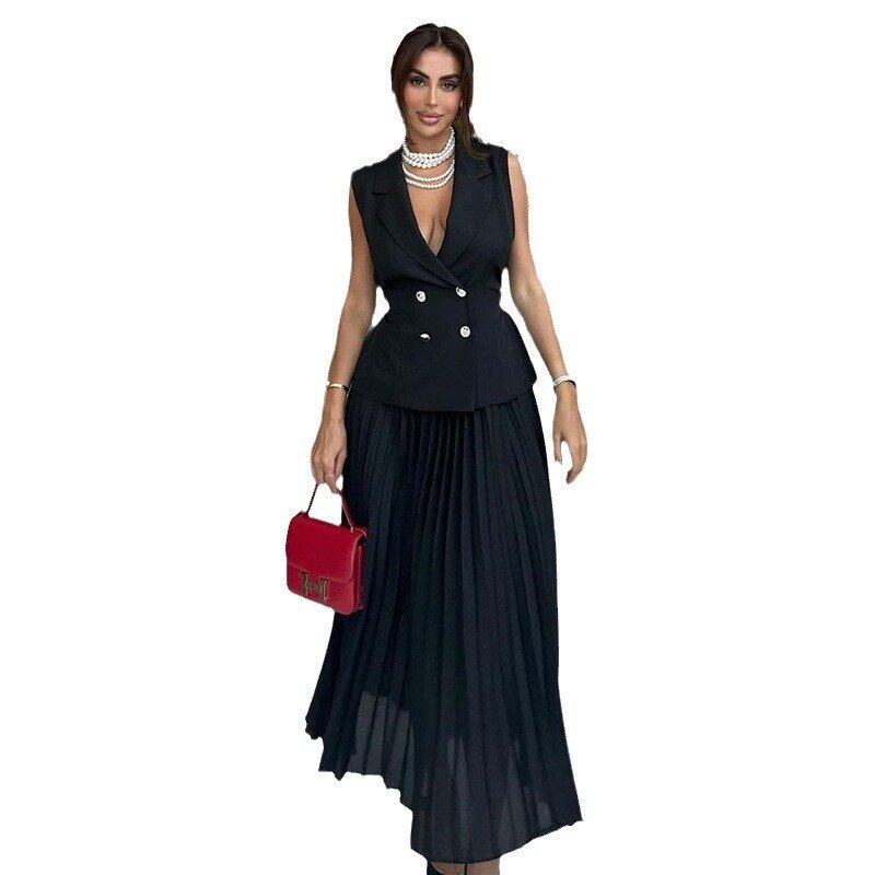 Two Piece Sets Womens Outifits  Office Elegant Simple V Neck Sleeveless Dress Sexy Double Breasted Vest Pleated Skirt Set