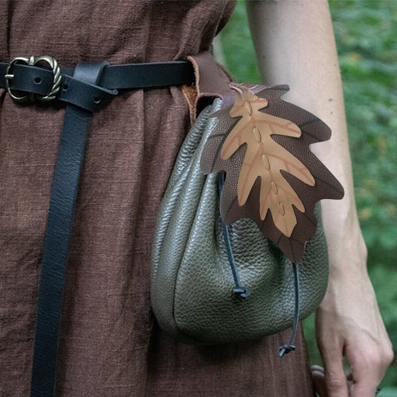 Tas tali pinggang dompet tembakau daun abad pertengahan dompet koin kulit Vintage Eropa pola daun Lace-Up paket Fanny