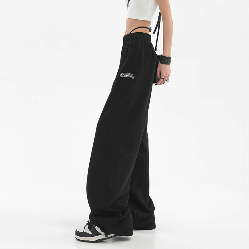 New Women 2023 Autumn Trousers High Waist Vintage Fashion Casual Wide-Leg Pants Loose Large Size Ankle-Tied Sports Pants