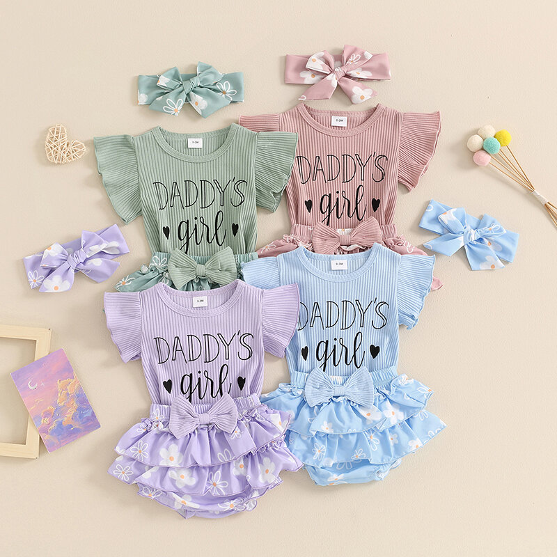 2024-03-27 lioraitiin Baby Girls Father's Day Outfits Letter Print Fly Sleeve Romper with Floral Shorts and Heaband Summer Set