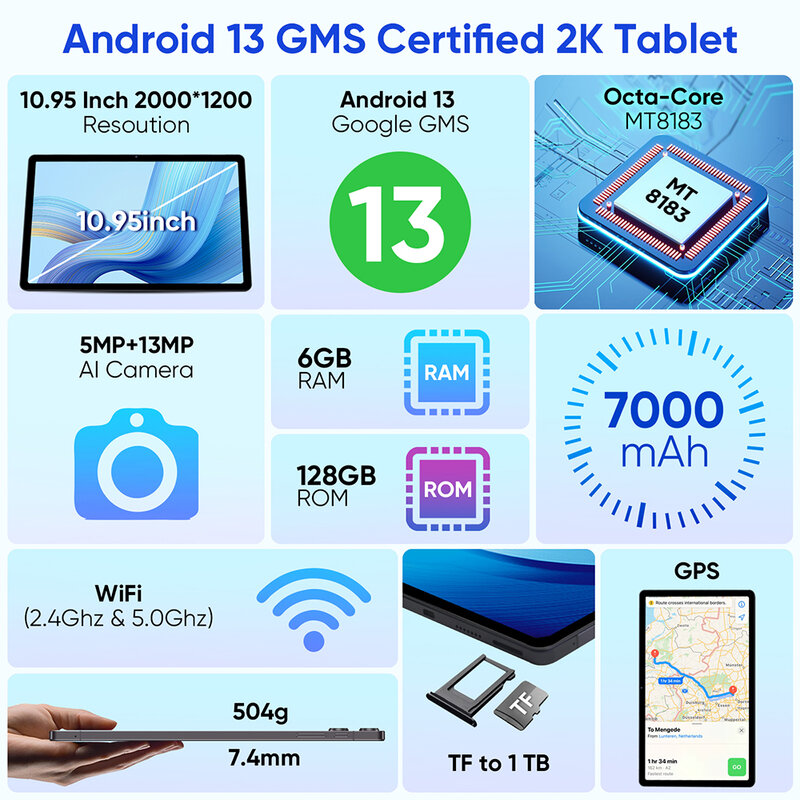 Weelikeit-Tableta con Android 13, dispositivo con MTK 8183, 8 núcleos, 11 pulgadas, 2K, FHD, Incell, 6GB de RAM, 128GB de ROM, tipo C, 7000mAh, WiFi, GPS, 2024 Kid