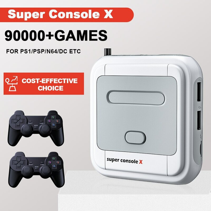 KINHANK 게임 박스 슈퍼 콘솔 X 레트로 비디오 게임 콘솔 지지대, 컨트롤러 포함 PS1, PSP, MAME, DC용 에뮬레이터 50 개, 90000 개 게임