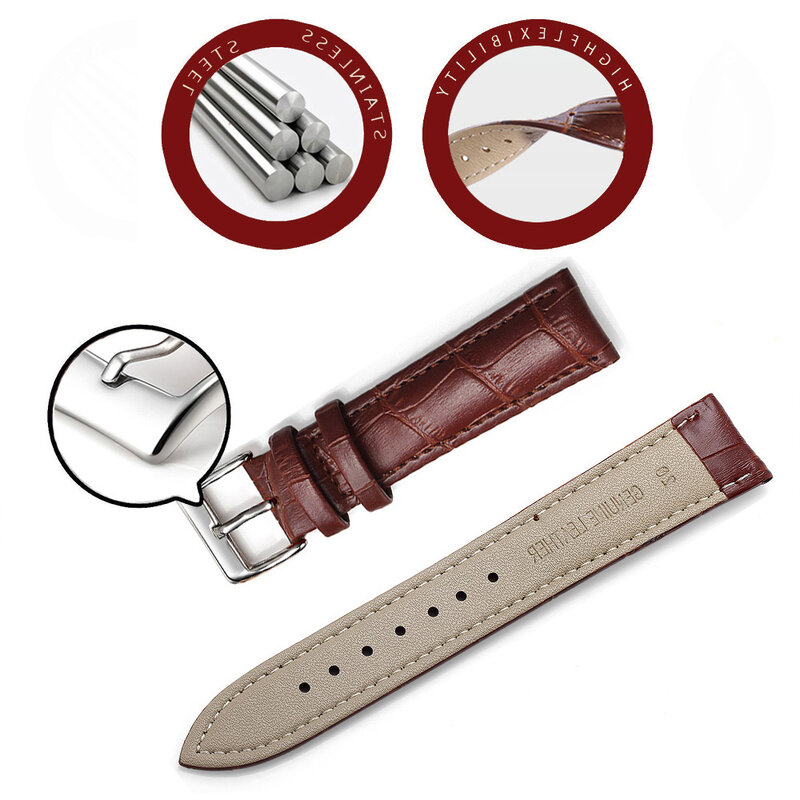 Pulseira de relógio de couro para homens e mulheres, acessórios para relógios, fivela sólida, preto e marrom, 16mm, 18mm, 20mm, 22mm
