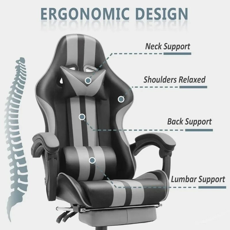 발받침 달린 회색 게임용 의자, PC 게임용 의자, 컴퓨터 의자, E-스포츠 의자, 조절 가능한 인체공학적 사무실 의자